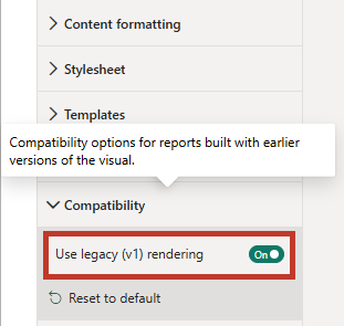 The Compatibility property card, showing the Use legacy (v1) rendering toggle. compatibility-card.png