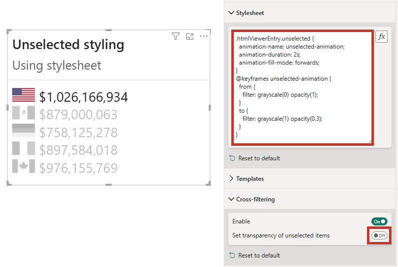 You can use a stylesheet and CSS to manually style the appearance of unselected data points when cross-filtering is active cross-filtering-property-css-override.png
