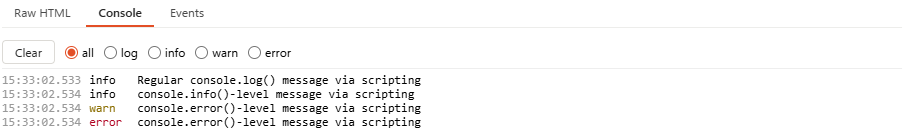 The Console tab, capturing script and visual console output. diagnostics-console.png