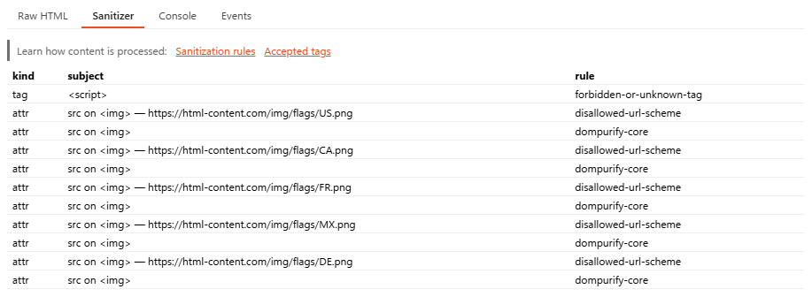 The Sanitizer tab, listing removed content and the rule that removed it. diagnostics-sanitizer.png