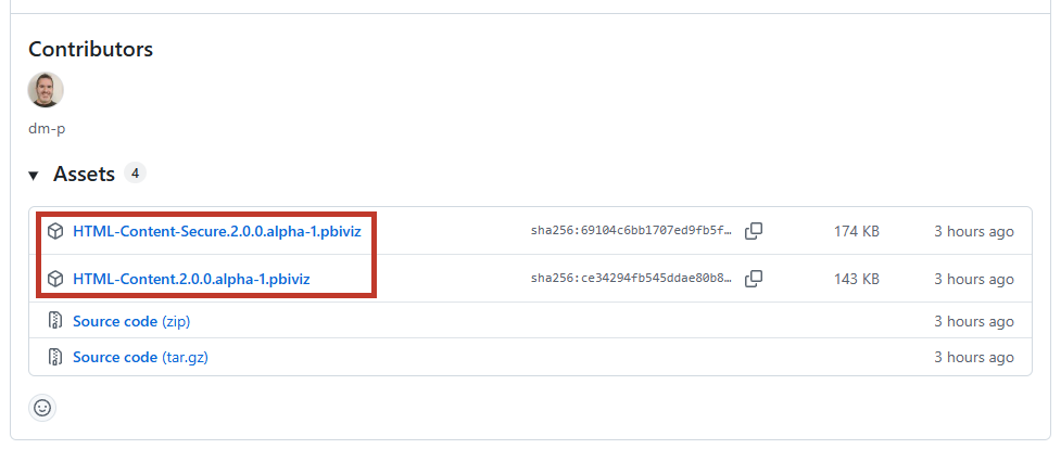 Example of the Alpha Channel release page on GitHub, with the .pbiviz packages in the assets list.