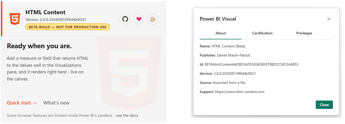 Example of the landing page and about pane for early access builds.