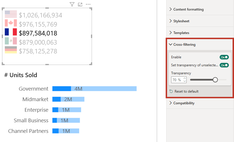 Context columns can allow you to cross filter other visuals by clicking on a data row with the Cross-filtering properties enabled. sales-02-interactivity-cross-filter.png